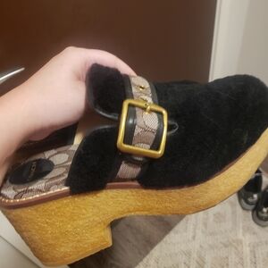 Coach Black and Gold Mules with Patterned Strap